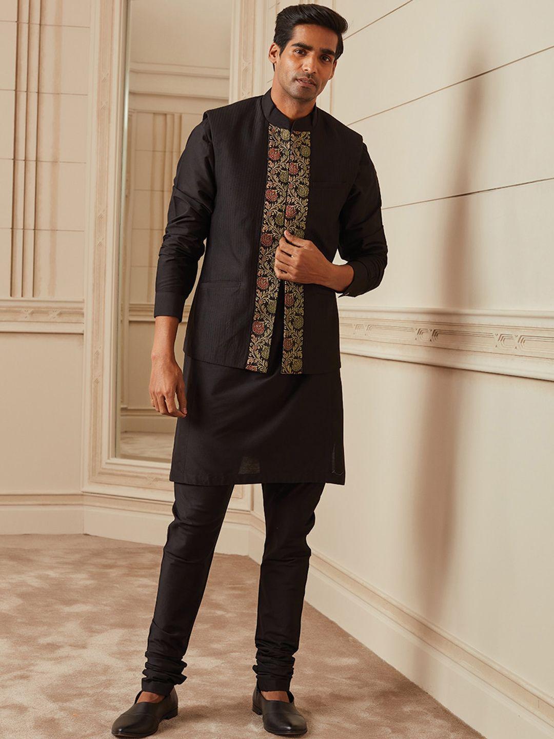 tasva men black floral kurta set with churidar