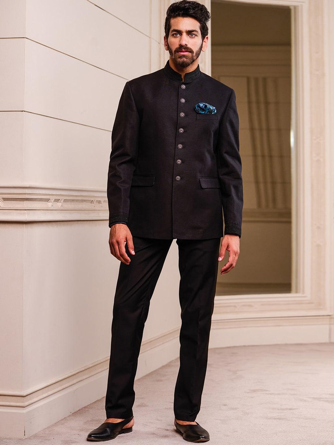 tasva men black solid 2-piece bandhgala suit