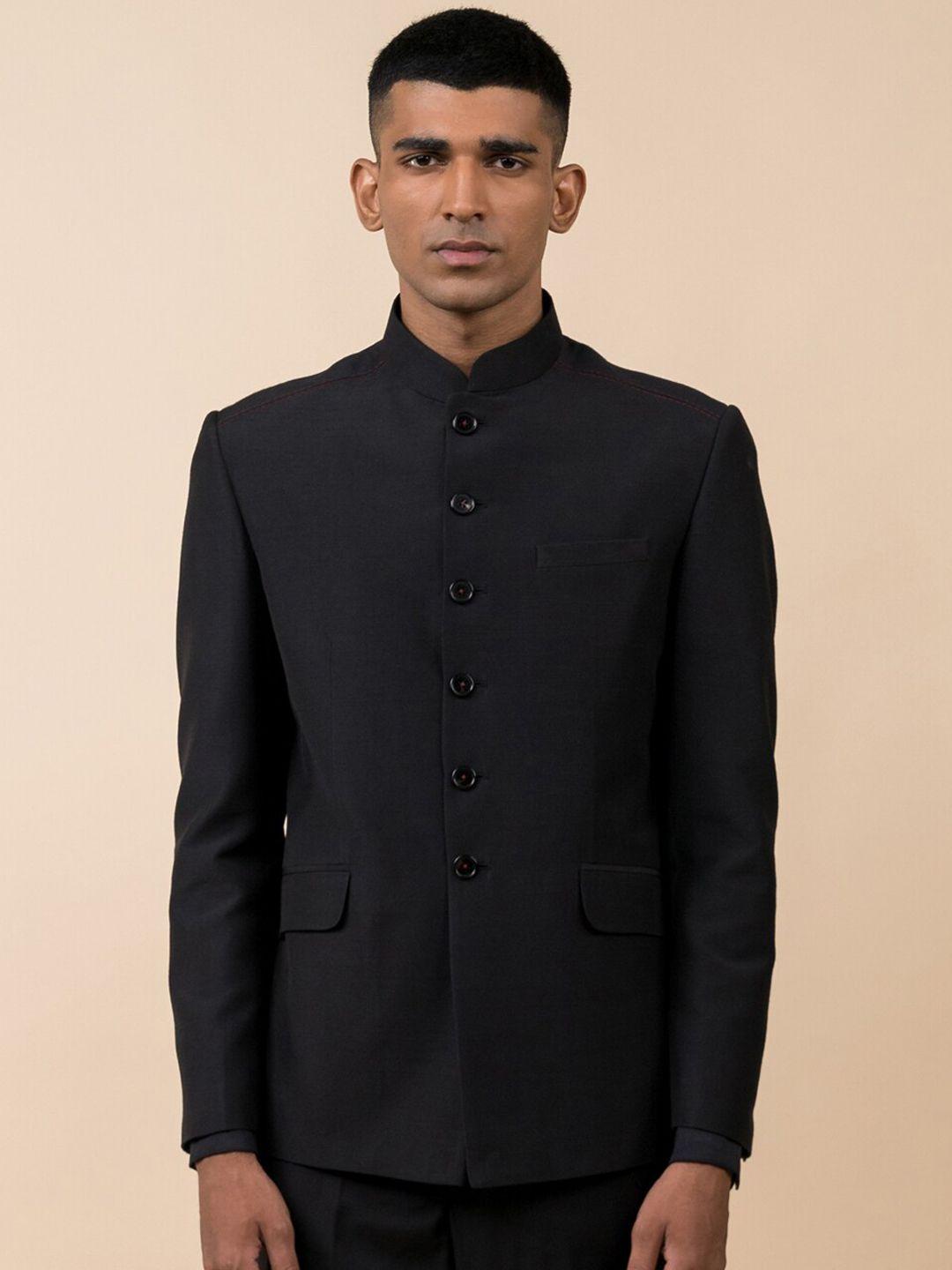 tasva men black solid 2-piece bandhgala suit