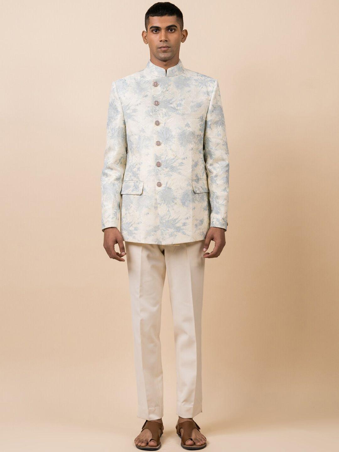 tasva men blue & off white printed 2-piece bandhgala suit