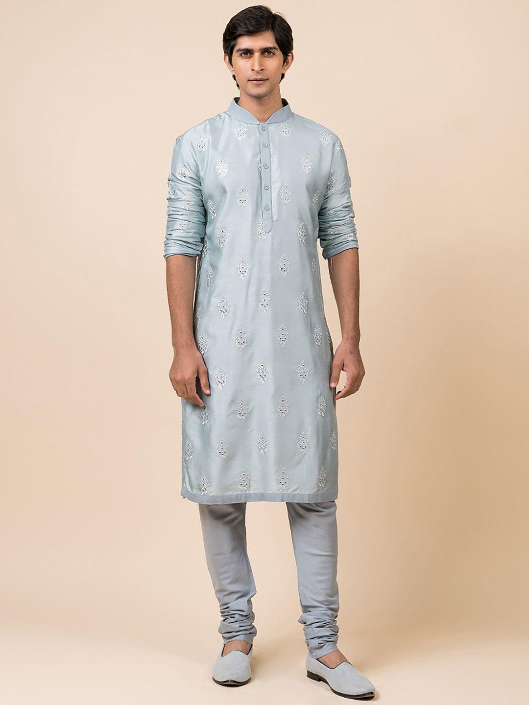 tasva men blue ethnic motifs embroidered mirror work kurta with churidar