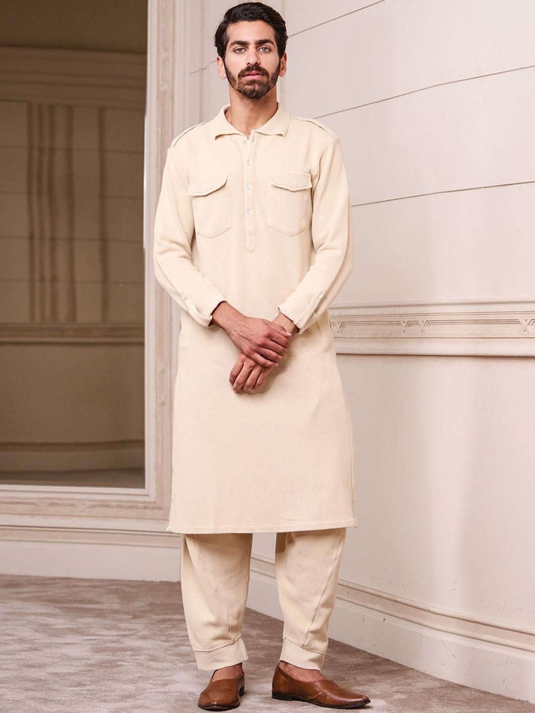 tasva men cream-coloured pathani kurta with salwar