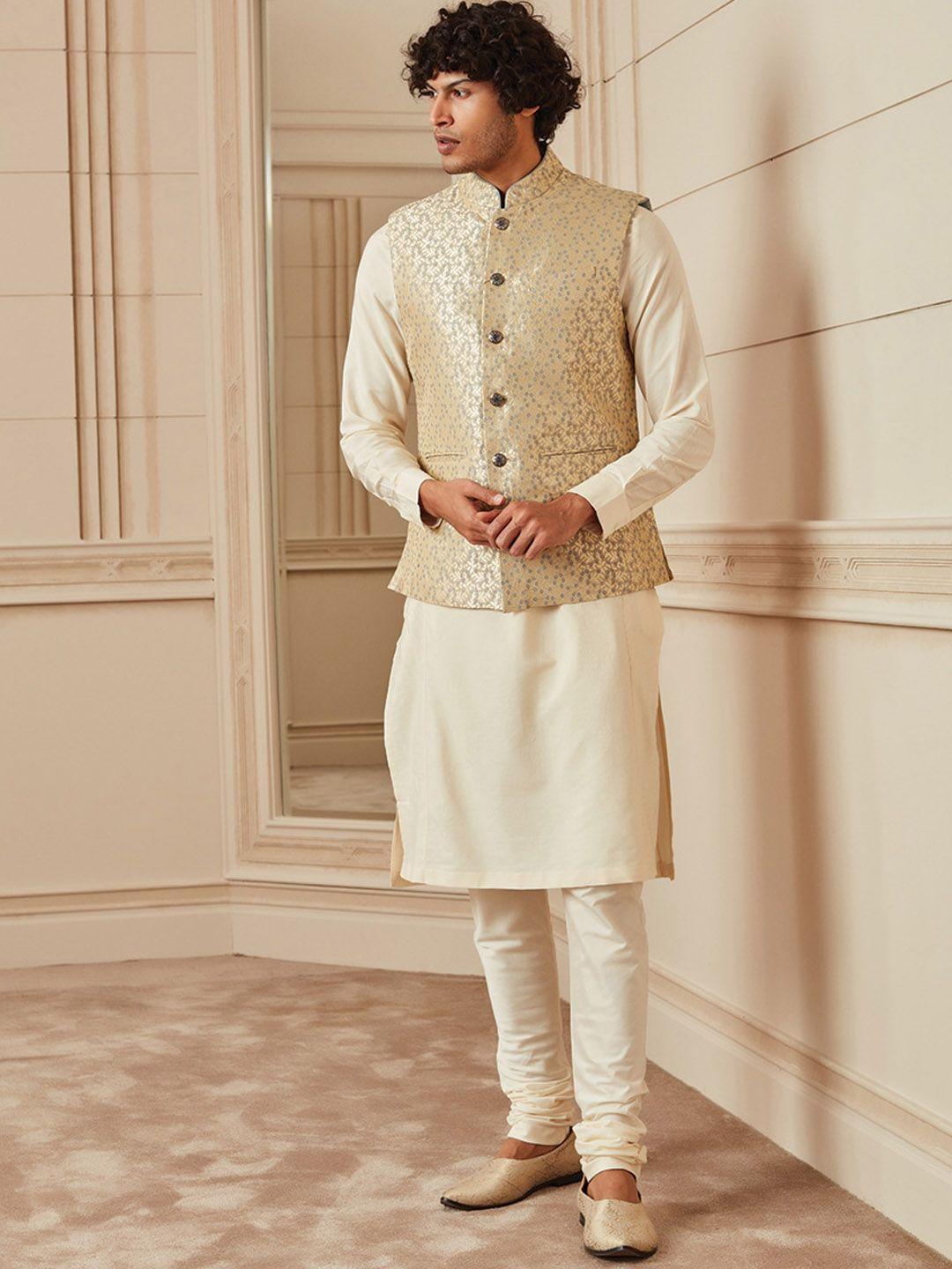 tasva men cream coloured woven design nehru jacket with metallic buttons