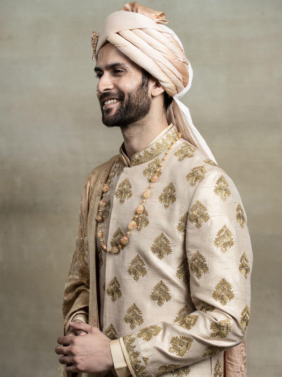 tasva men gold-coloured zardozi embroidered pure silk sherwani set