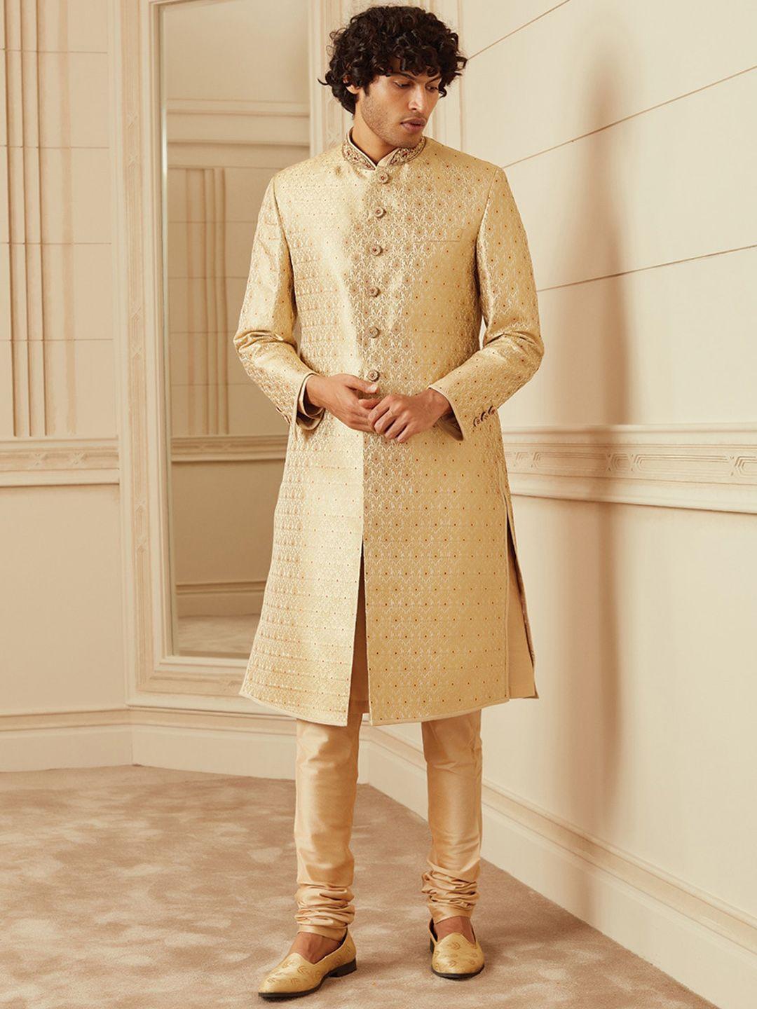 tasva men gold embroidered & self-design sherwani set