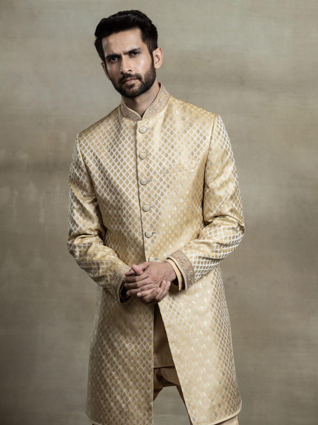 tasva men golden coloured woven-design sherwani set