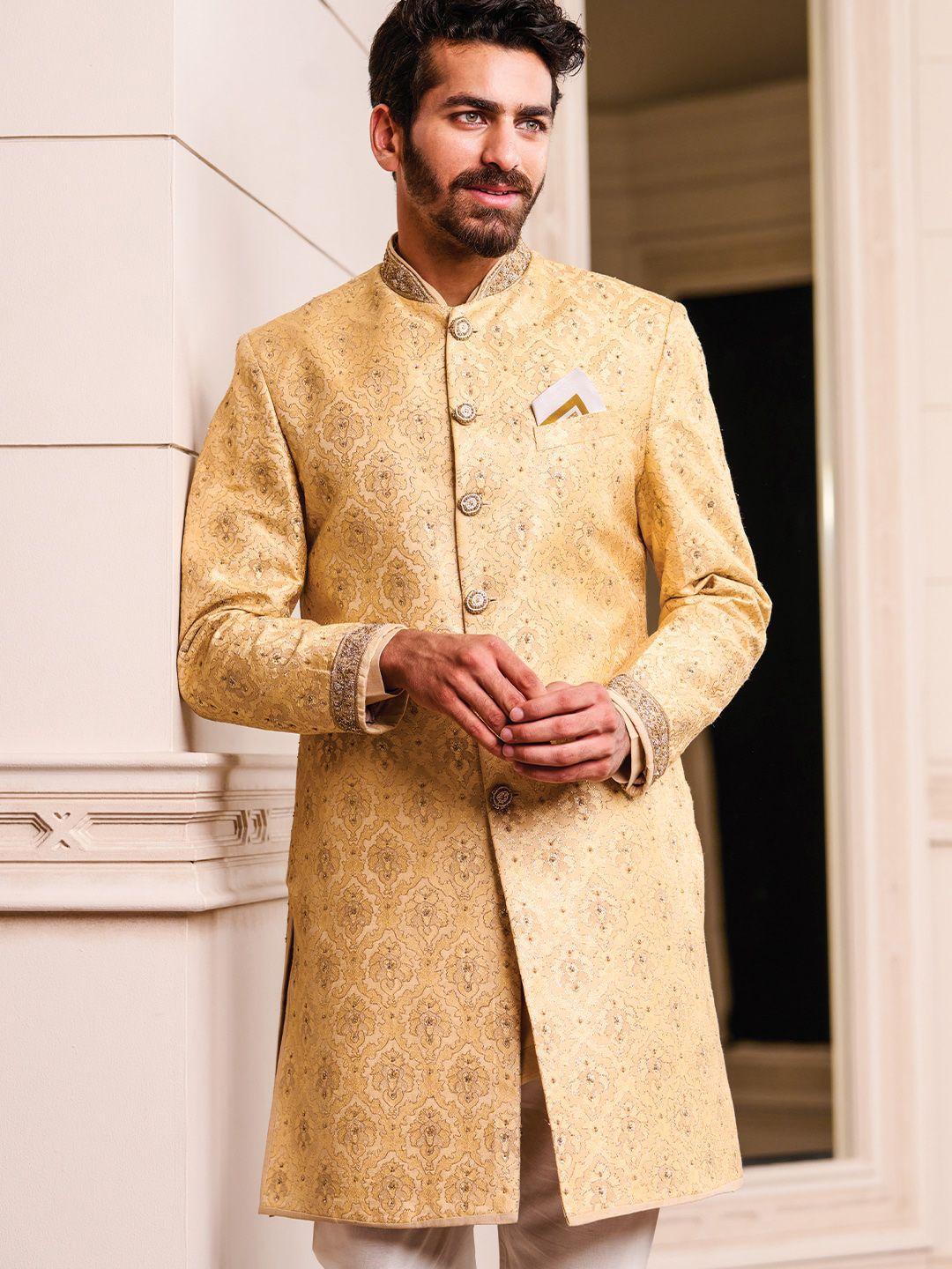 tasva men golden zari embroidered achkan sherwani set