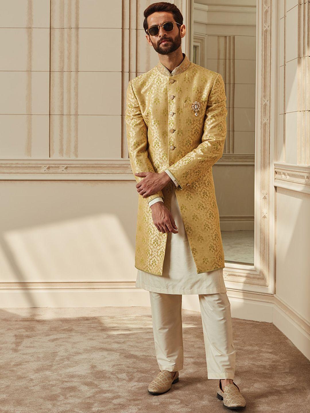 tasva men green & off-white printed sherwani set