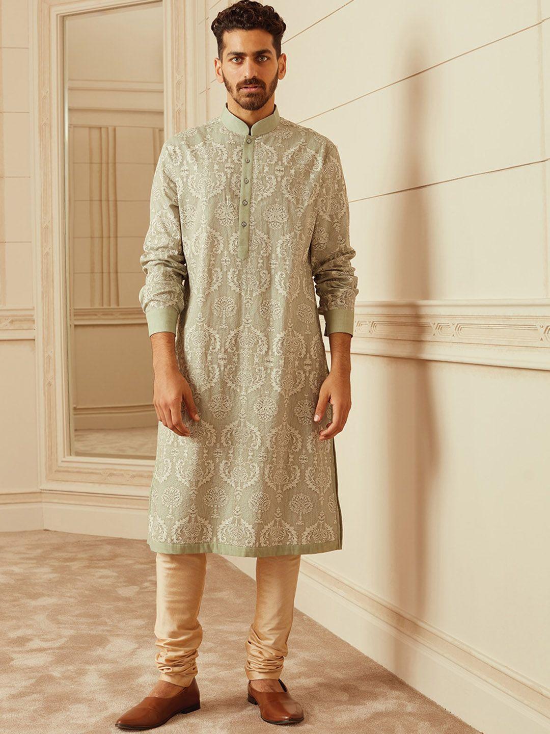 tasva men green embroidered kurta with churidar