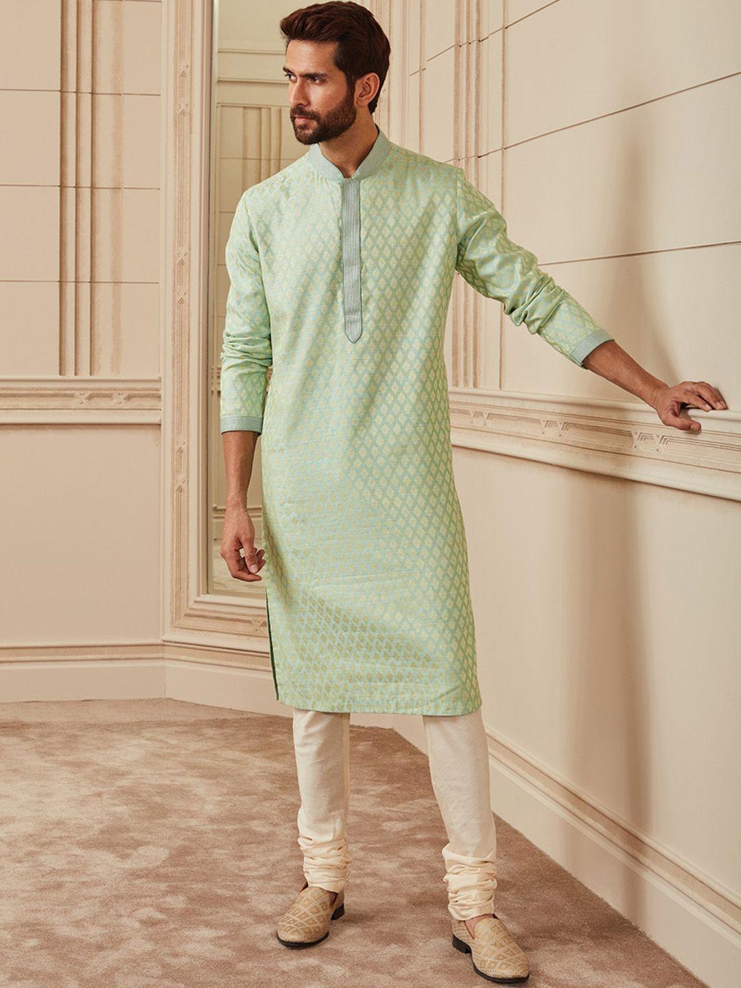 tasva men green embroidered zari jacquard top stitch collar kurta with churidar & dupatta