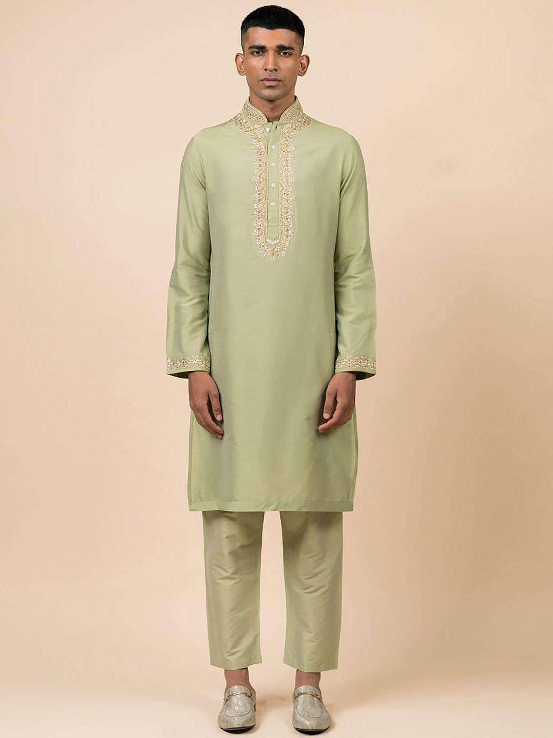 tasva men green ethnic motifs embroidered thread work kurta with trousers