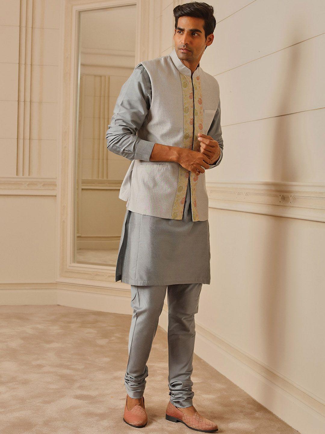 tasva men grey kurta with churidar & nehru jacket