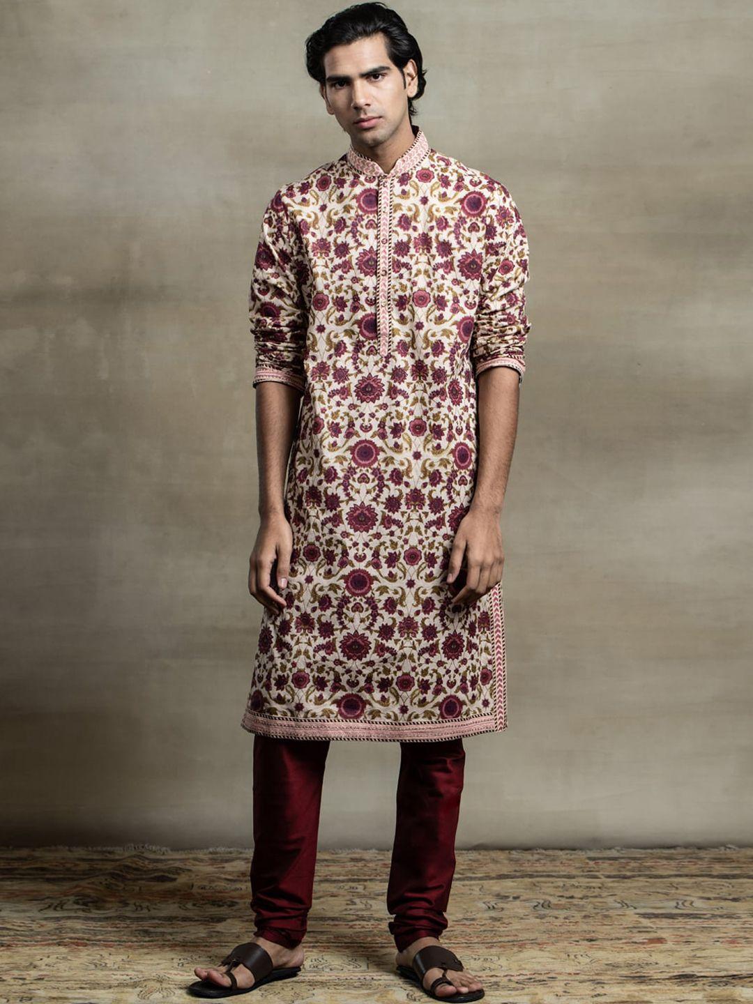 tasva men maroon ethnic motifs printed pure cotton kurta with churidar