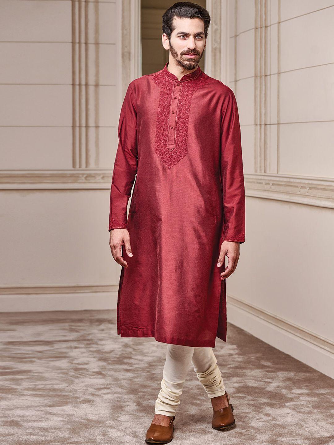 tasva men maroon floral embroidered thread work kurta with churidar