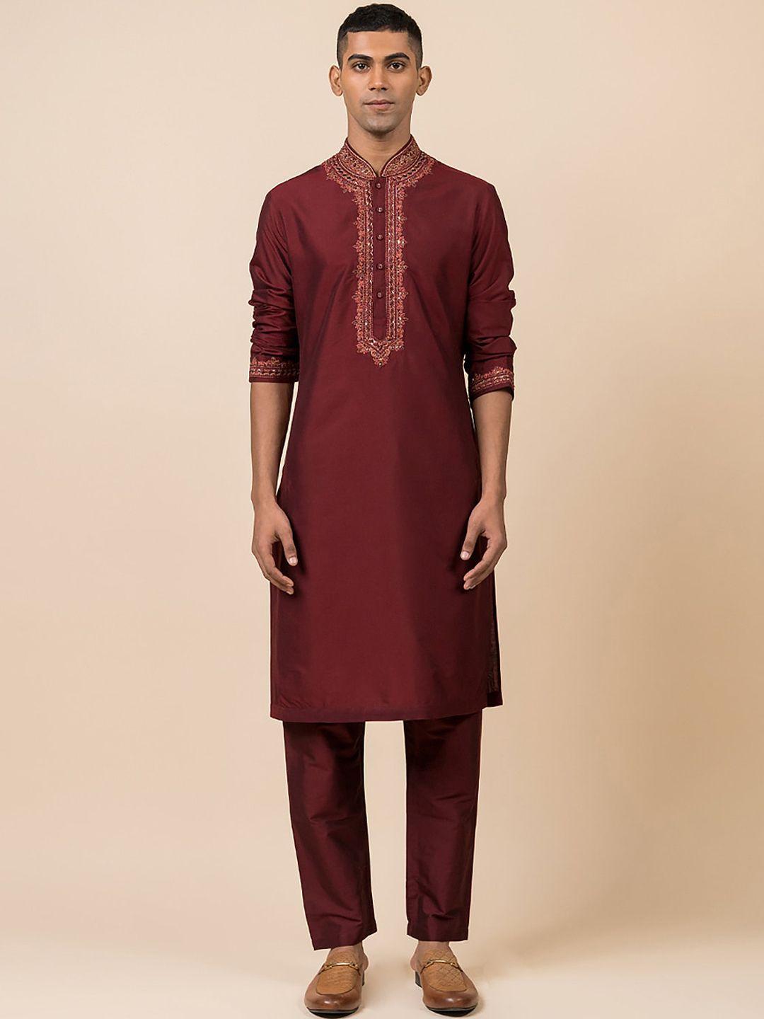 tasva men maroon floral embroidered thread work kurta with trousers