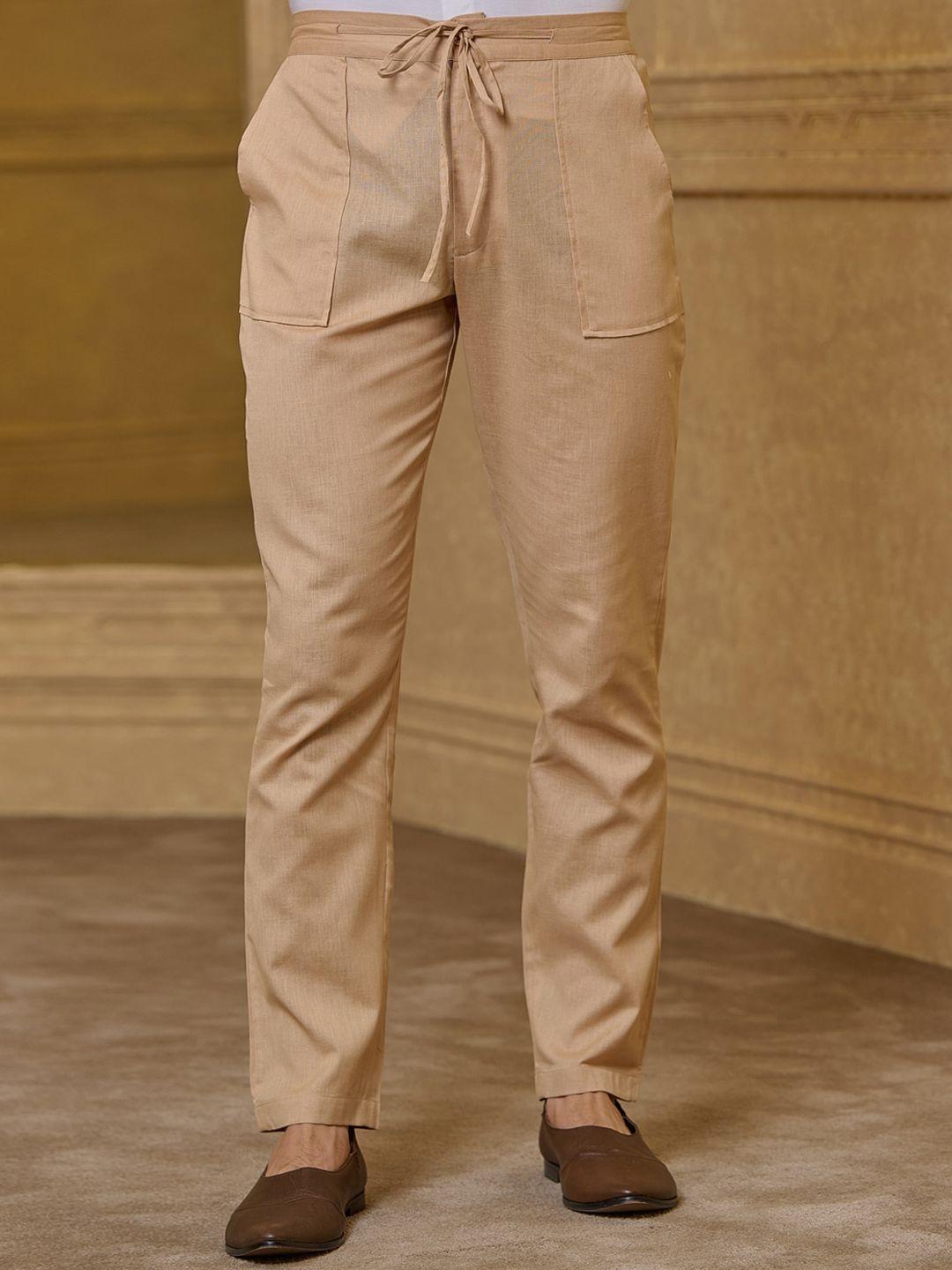 tasva men mid rise plain straight cotton linen regular trousers