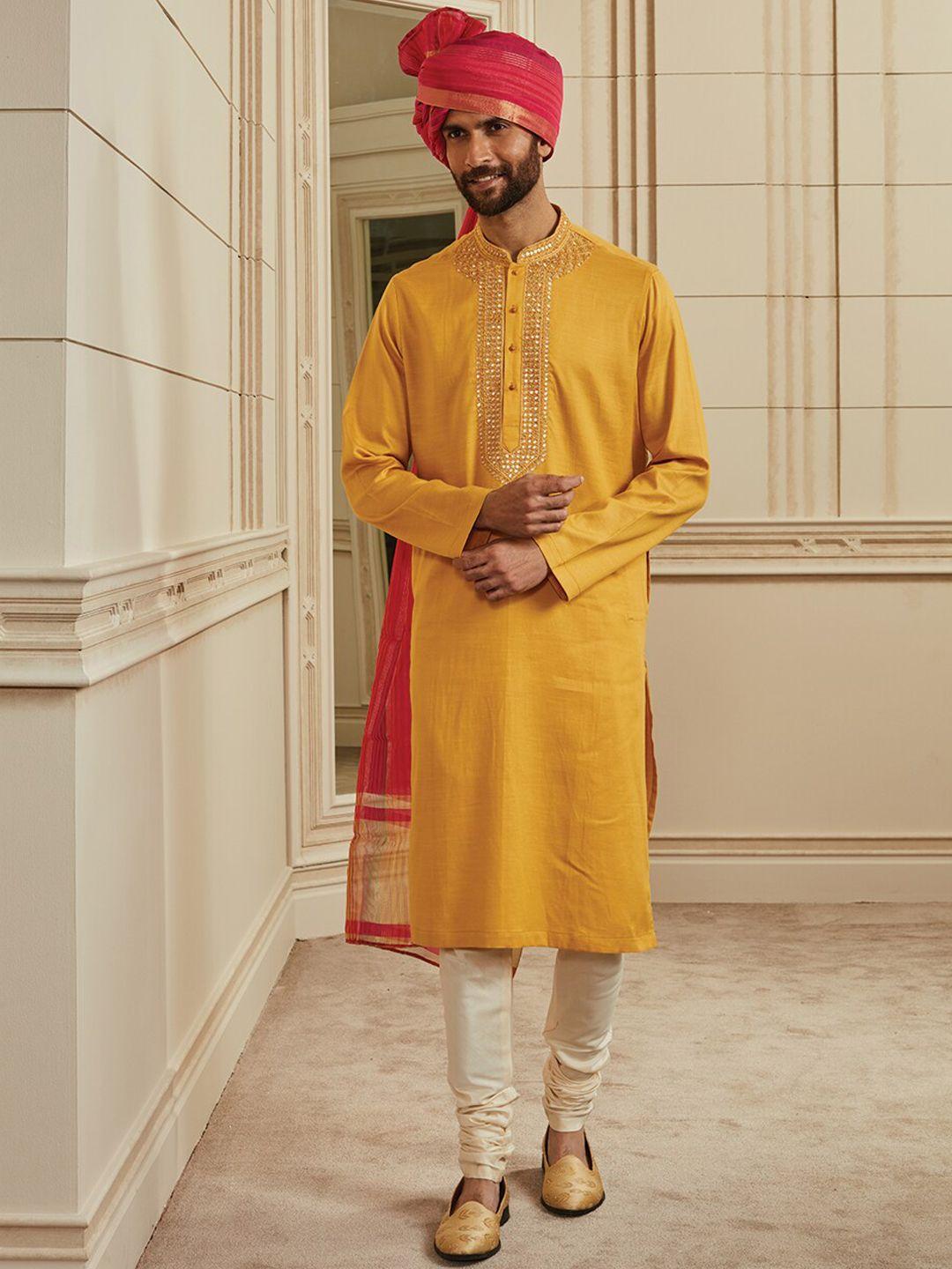 tasva men mustard yellow yoke design mirror work kurta with churidar