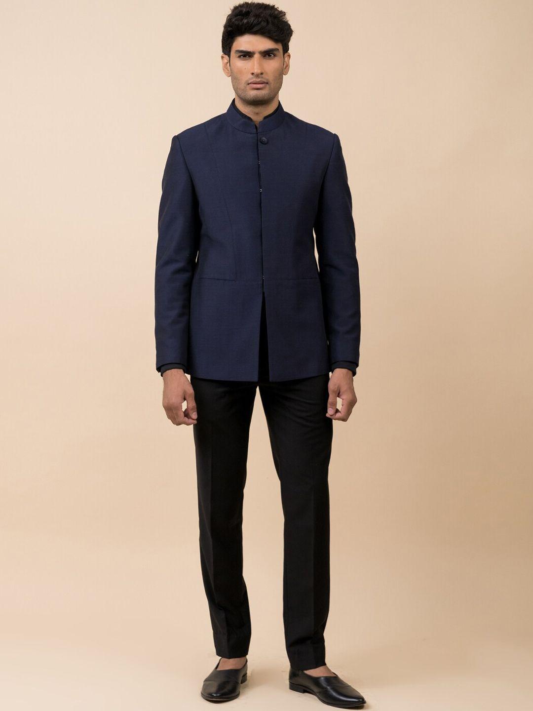 tasva men navy blue & black solid 2-piece bandhgala suit