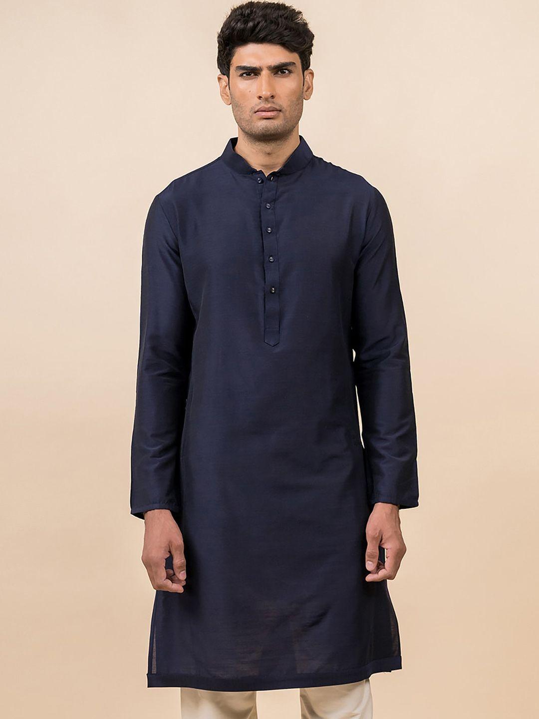 tasva men navy blue solid long sleeves kurta