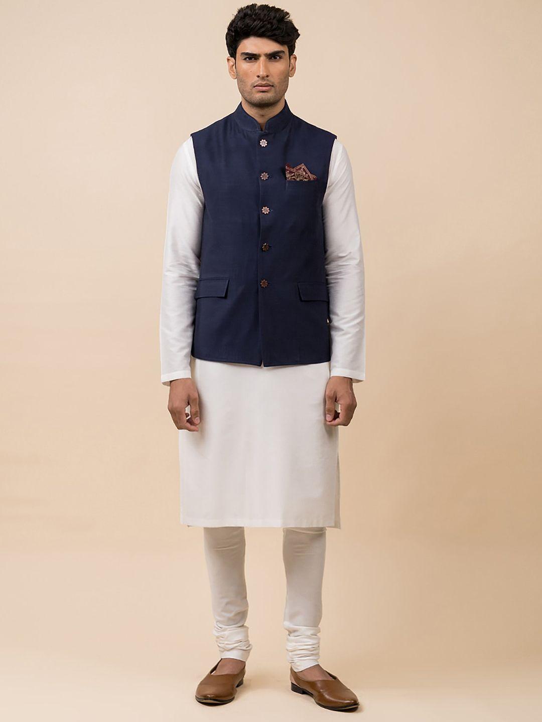 tasva men navy blue solid woven nehru jackets