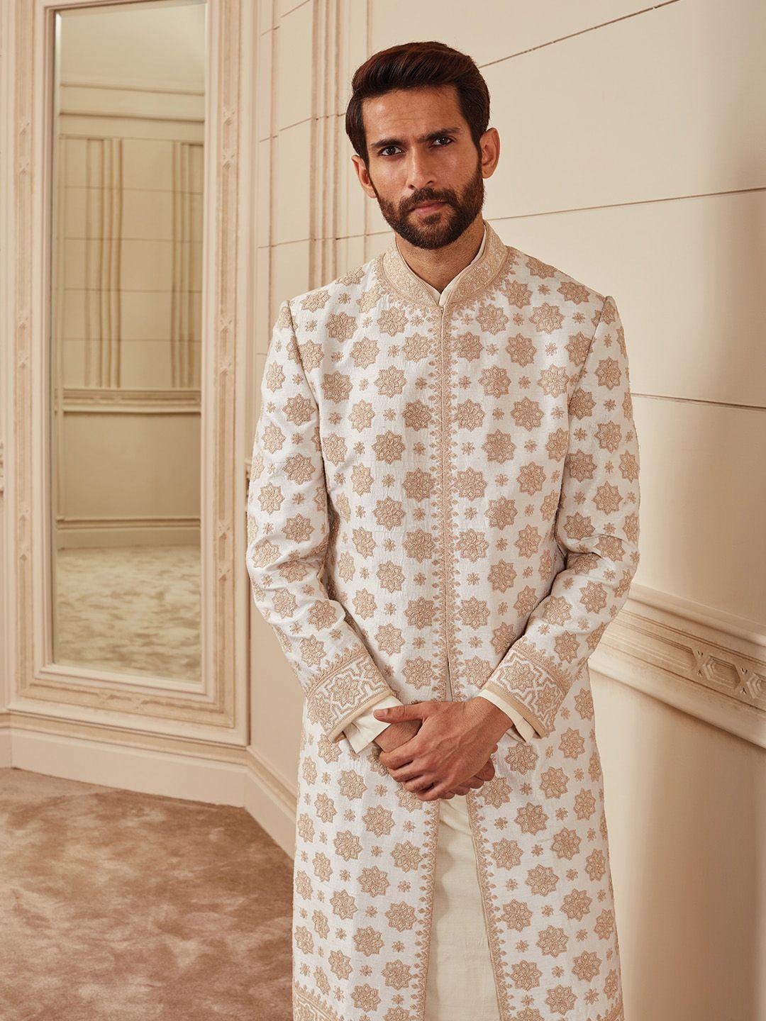 tasva men off white embellished pure silk sherwani set