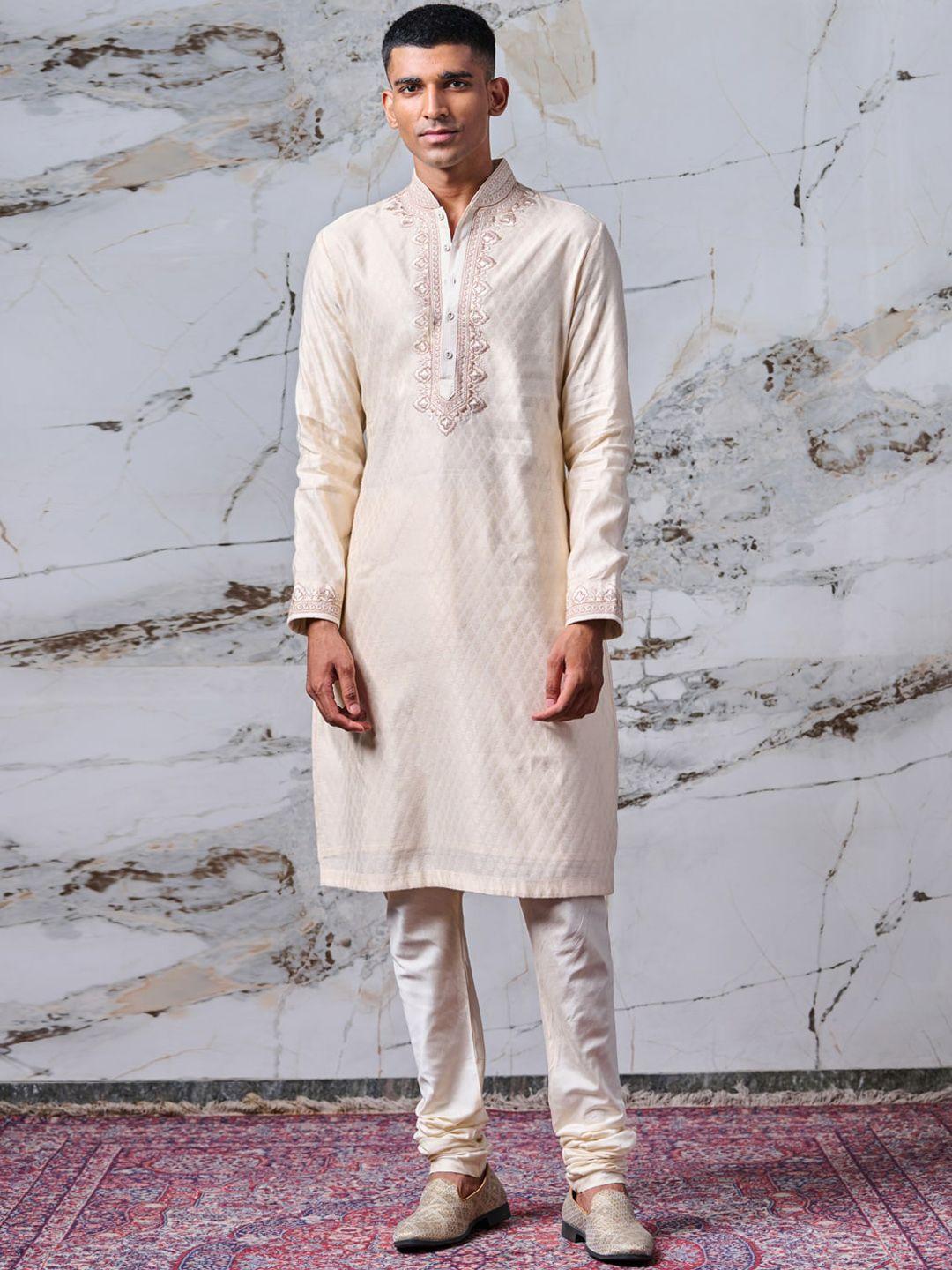 tasva men off white embroidered rayon straight kurta with churidar