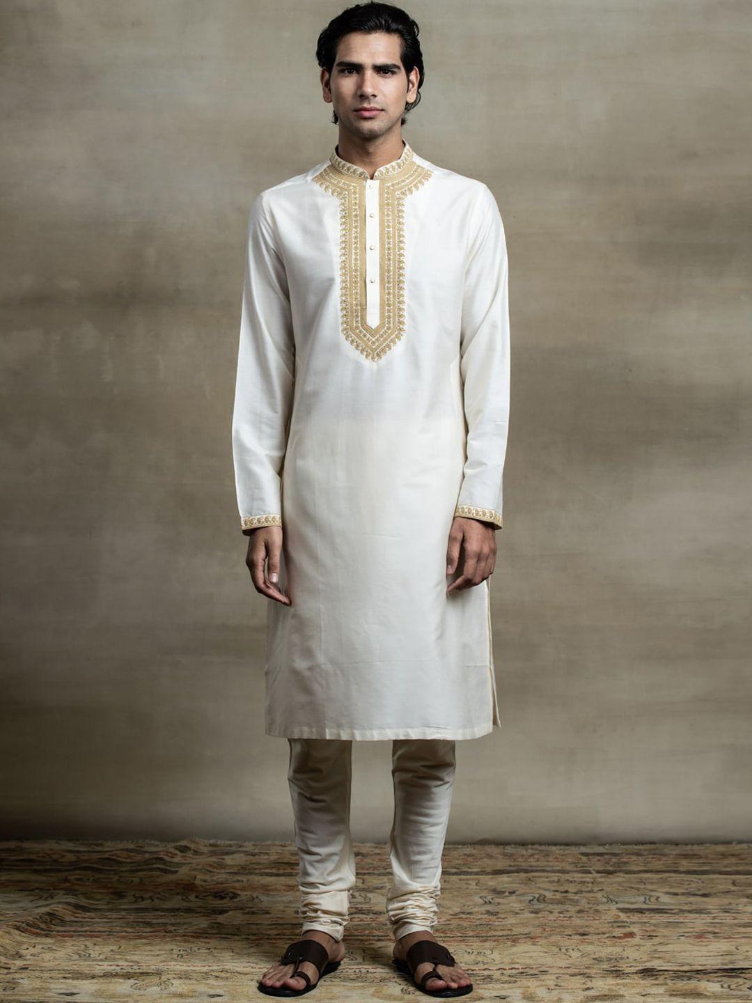 tasva men off white ethnic motifs embroidered pure cotton kurta with churidar