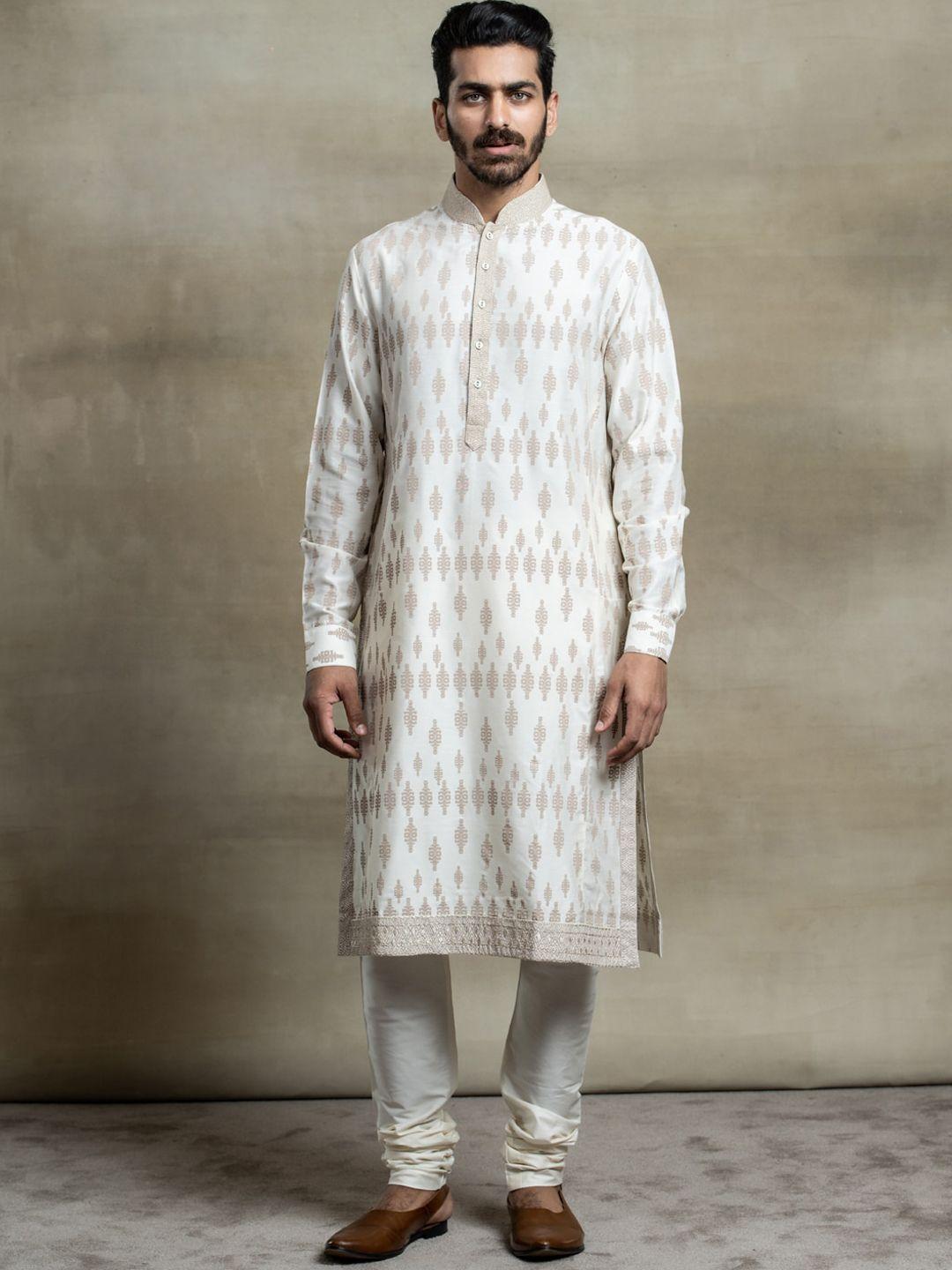 tasva men off white ethnic motifs printed kurta with churidar