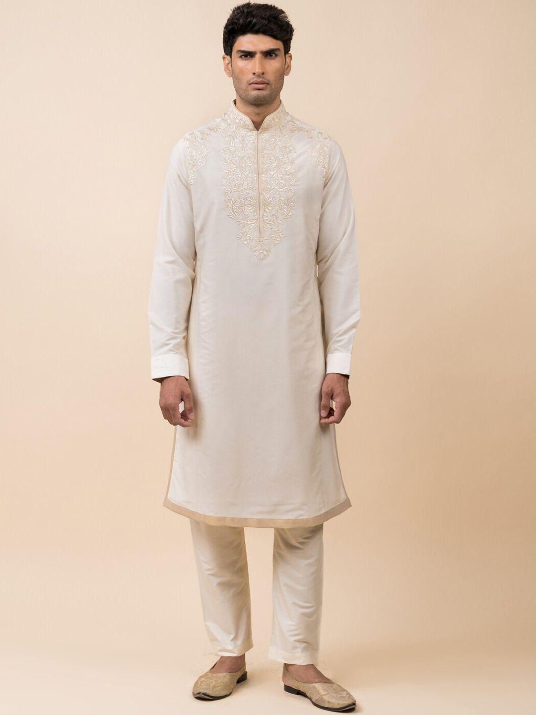 tasva men off white floral embroidered kurta with trousers