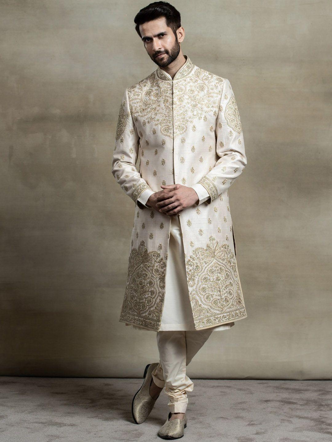 tasva men off white printed pure silk sherwani set