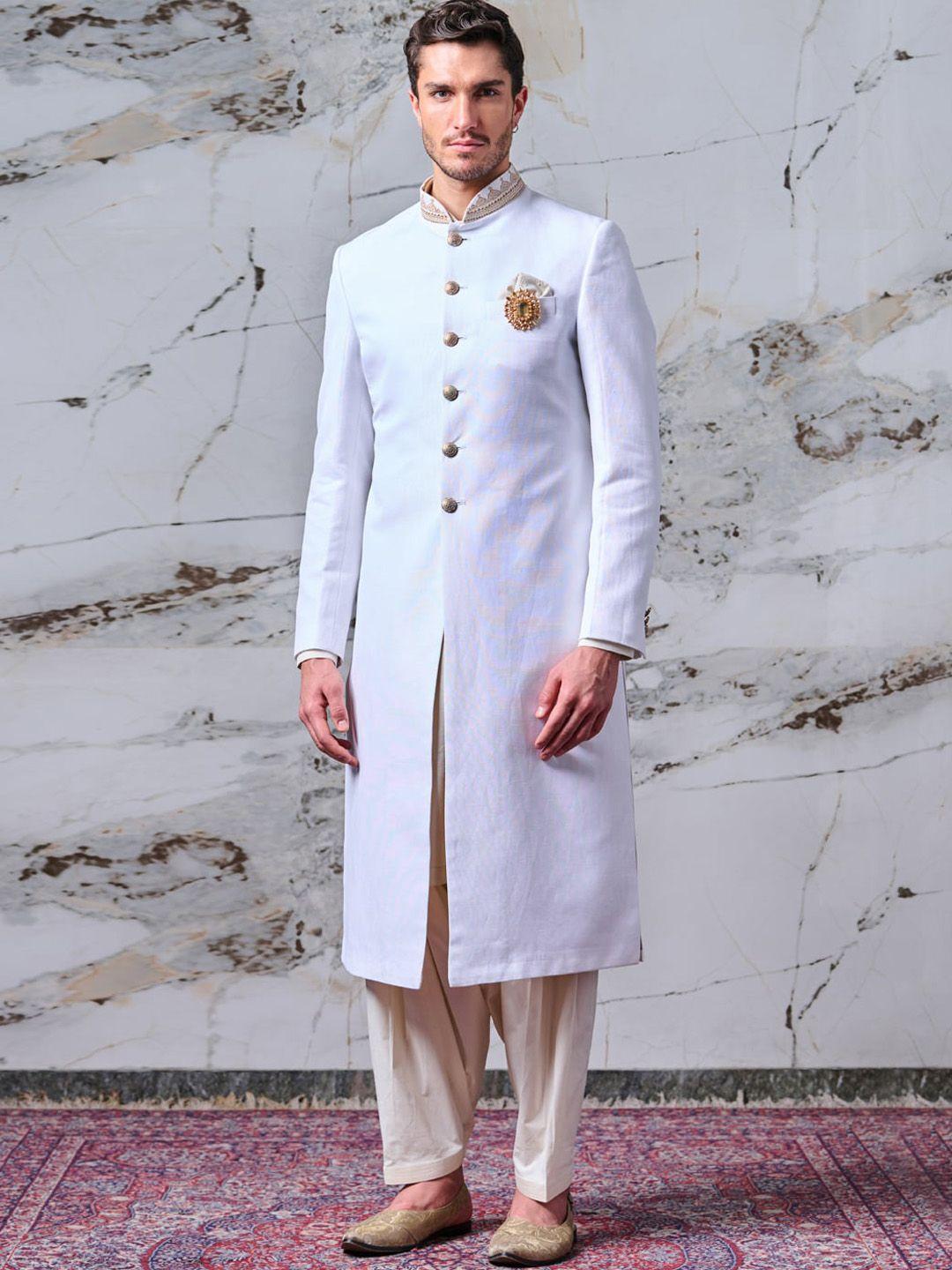 tasva men off white solid linen sherwani