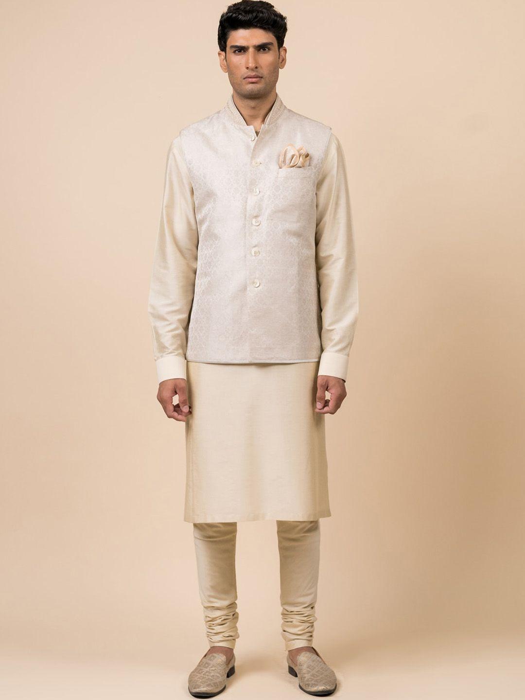 tasva men off white woven design linen nehru jacket