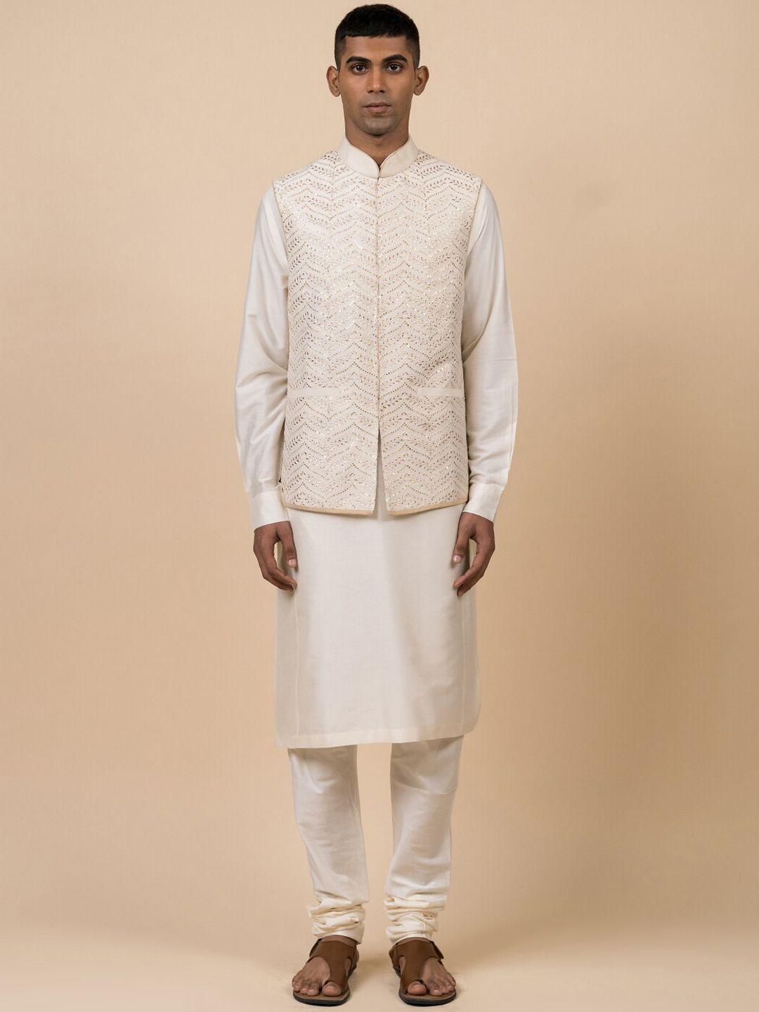 tasva men off white woven-design nehru jacket