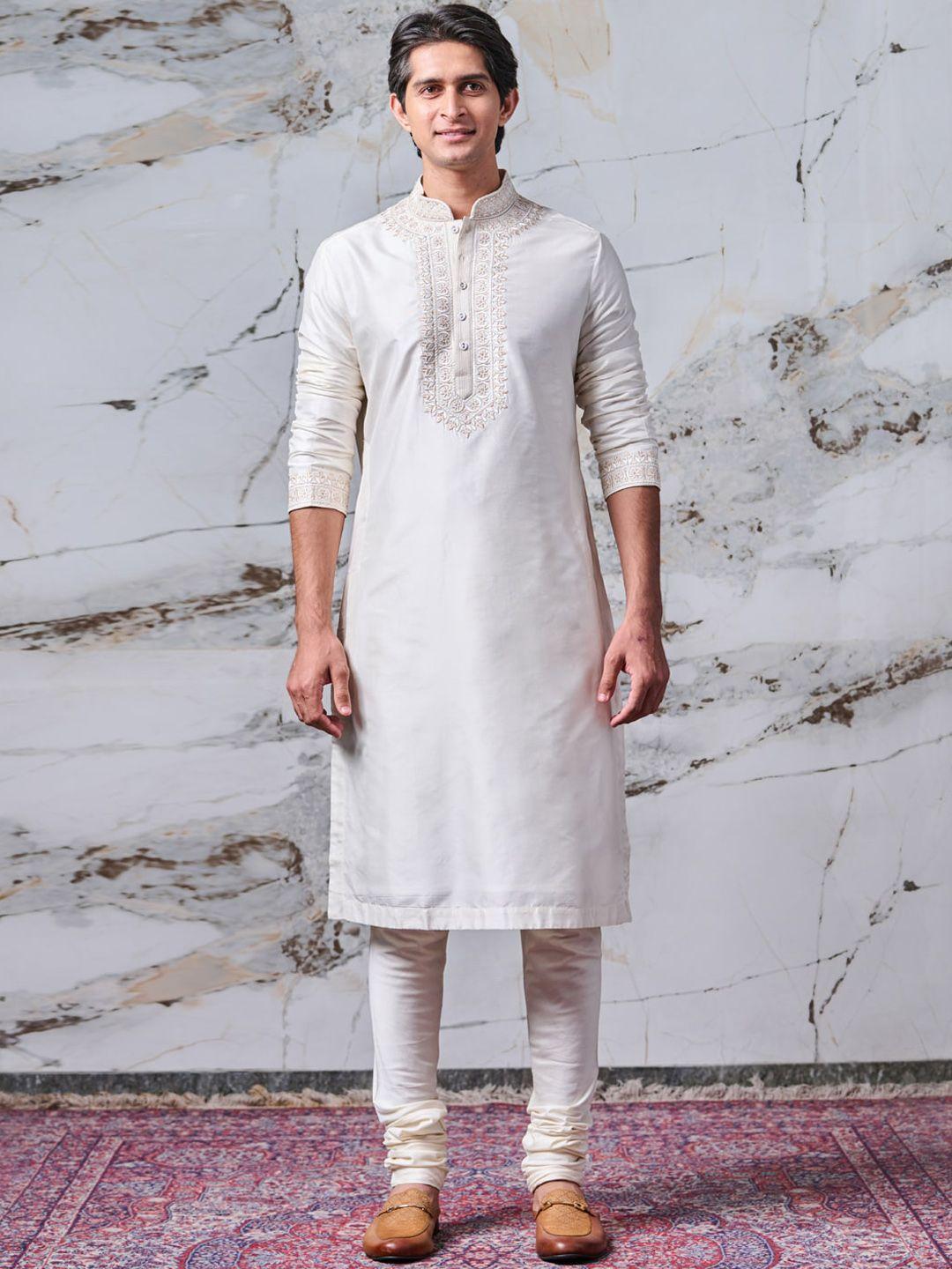 tasva men off white yoke design thread work pure silk kurta with churidar
