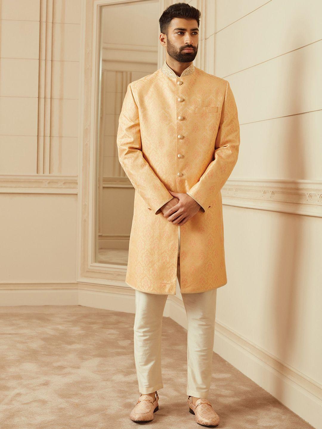 tasva men orange & off-white printed sherwani set
