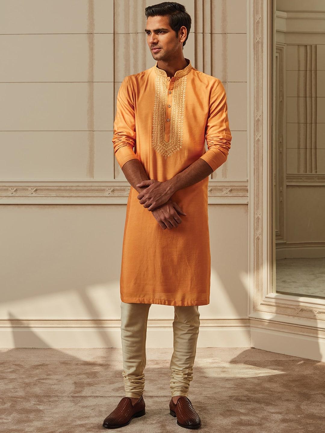 tasva men orange ethnic motifs kurta set with churidar