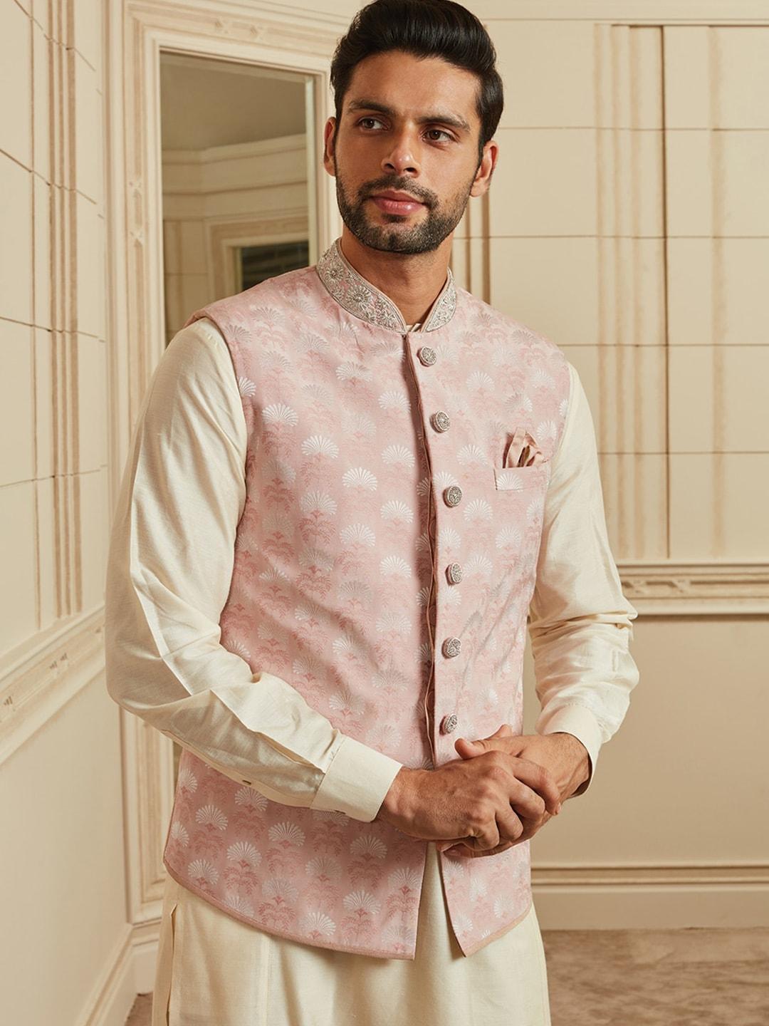 tasva men pink woven design jacquard bundi  nehru jacket