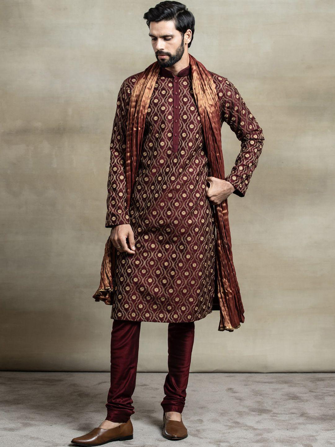 tasva men purple ethnic motifs embroidered thread work kurta with churidar