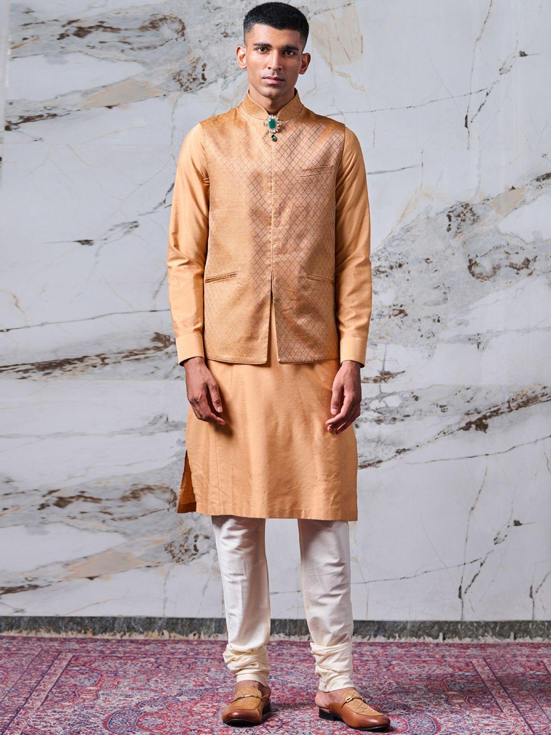 tasva men yellow and white long sleeves kurta with churidar and woven design nehru jacket