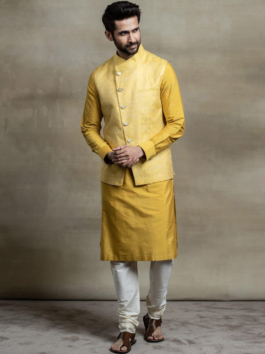tasva men yellow layered kurta  set with churidar