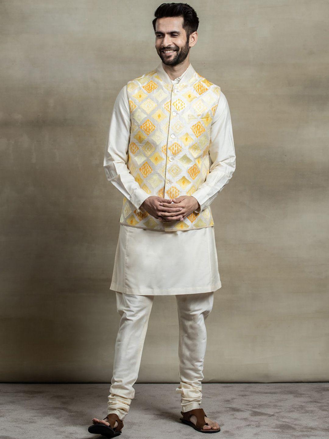 tasva men yellow layered pure silk kurta with churidar