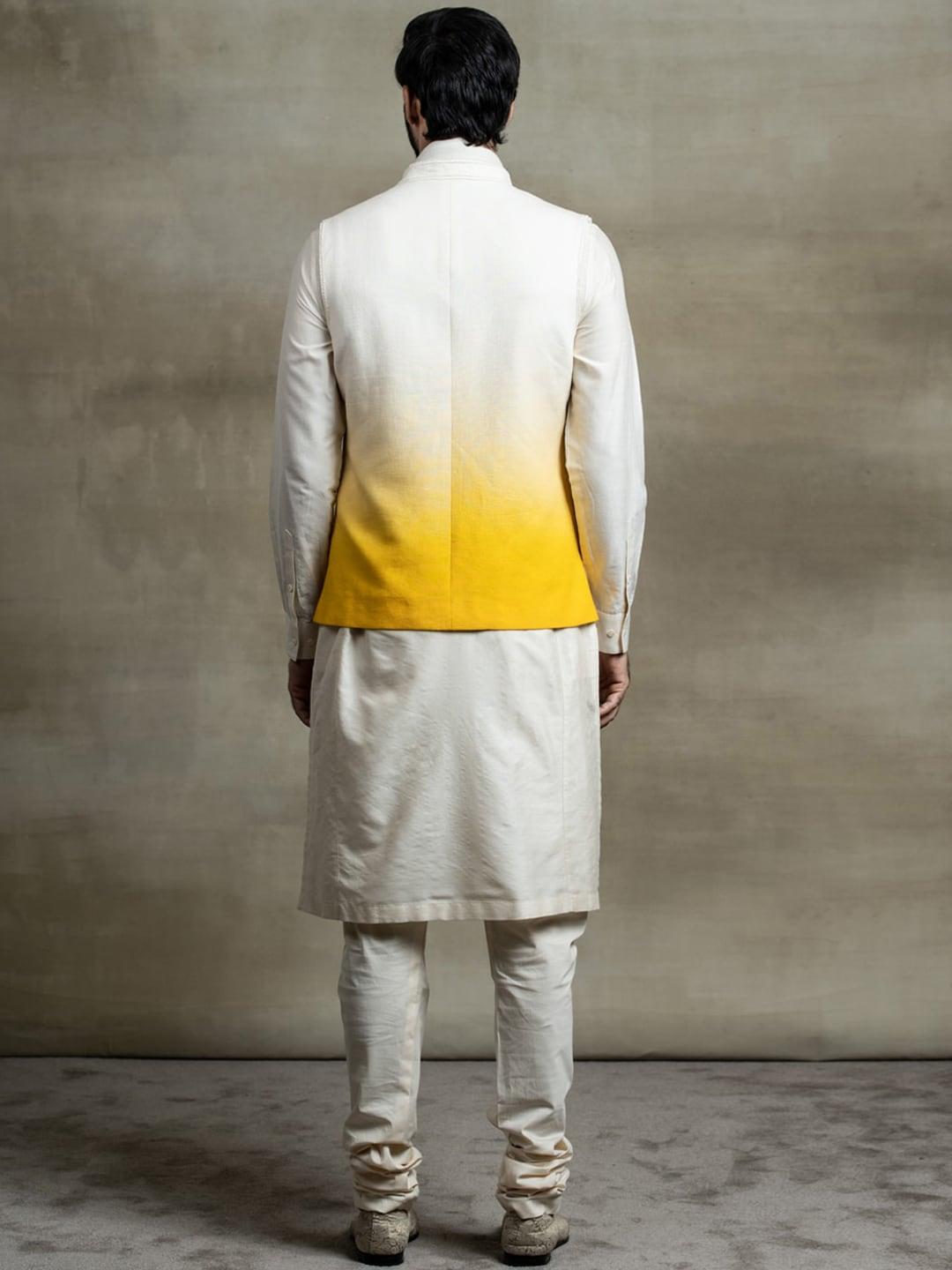 tasva men yellow woven design nehru jacket