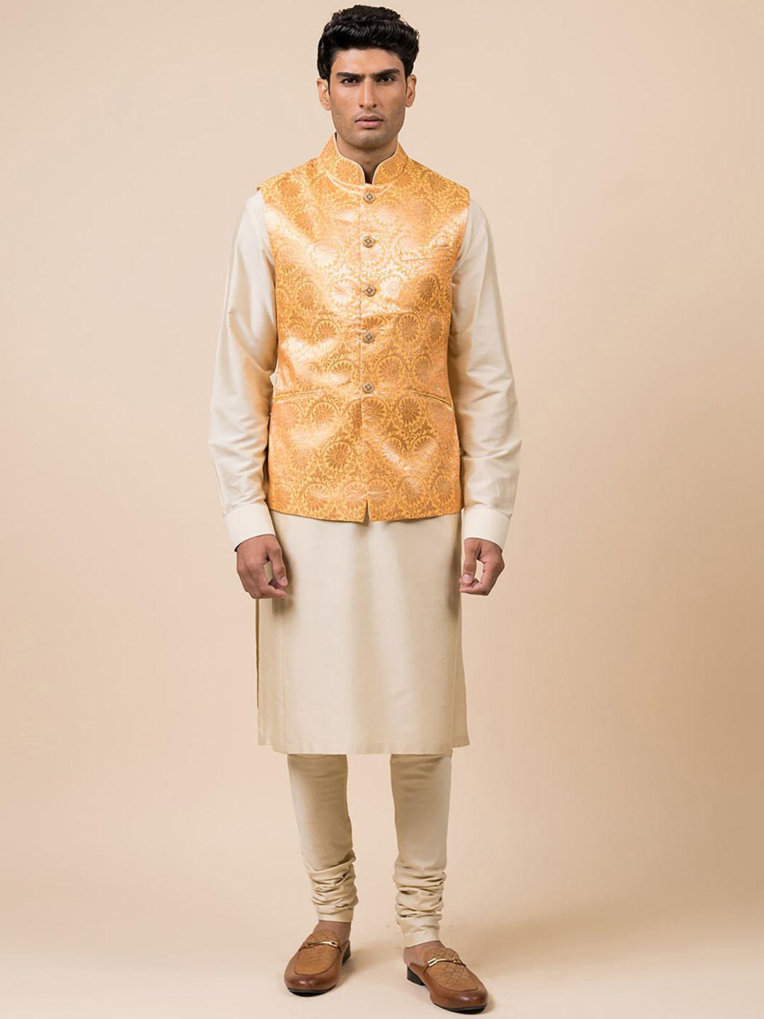 tasva men yellow woven design nehru jackets