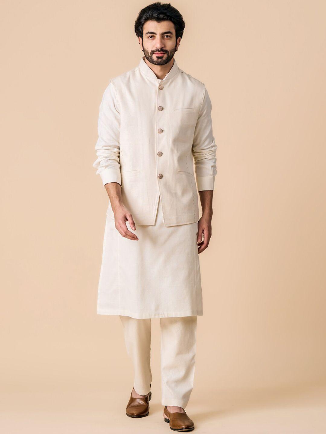 tasva regular linen kurta with pyjamas & nehru jacket