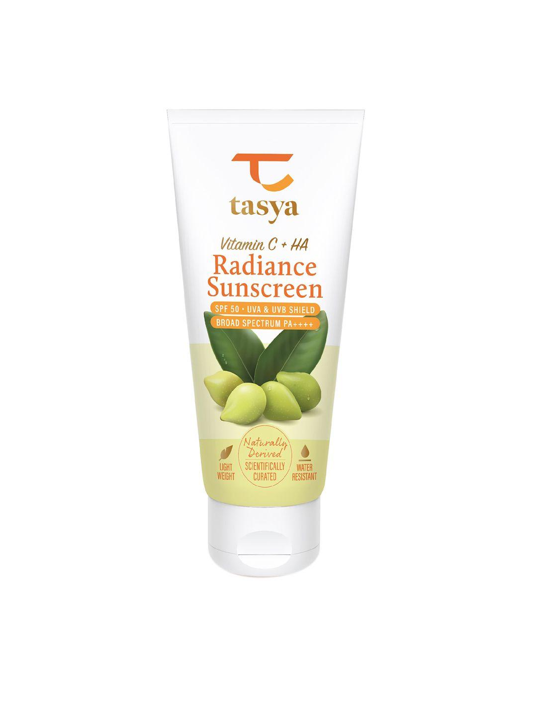 tasya spf 50 uva & uvb shield radiance sunscreen with vitamin c + ha - 60 ml