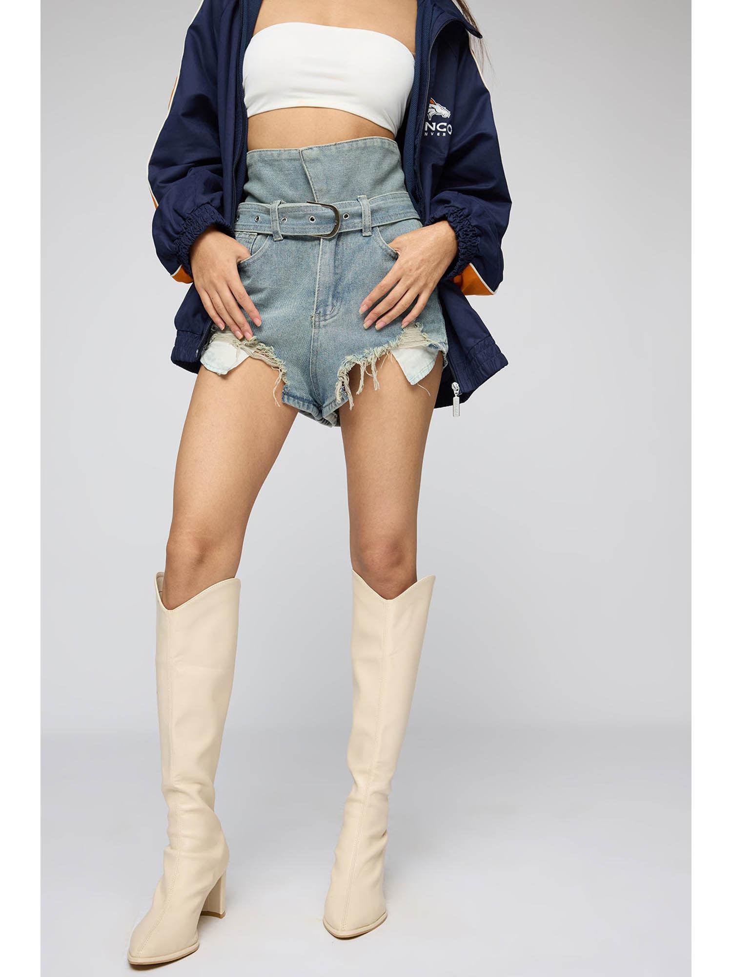 tattered trend belted denim shorts (set of 2)