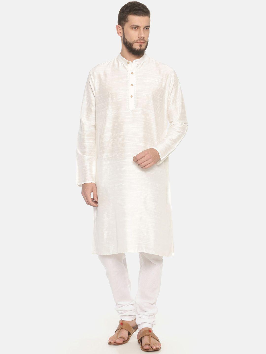 tattva men cream-coloured & white woven design straight kurta