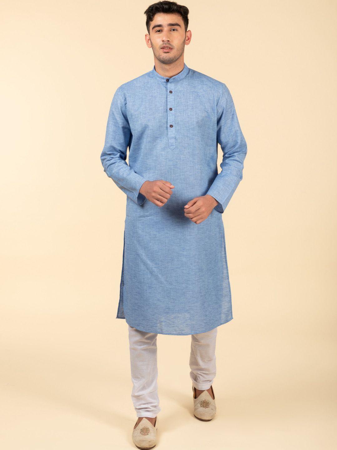 tattva men blue regular pure cotton kurta with pyjamas