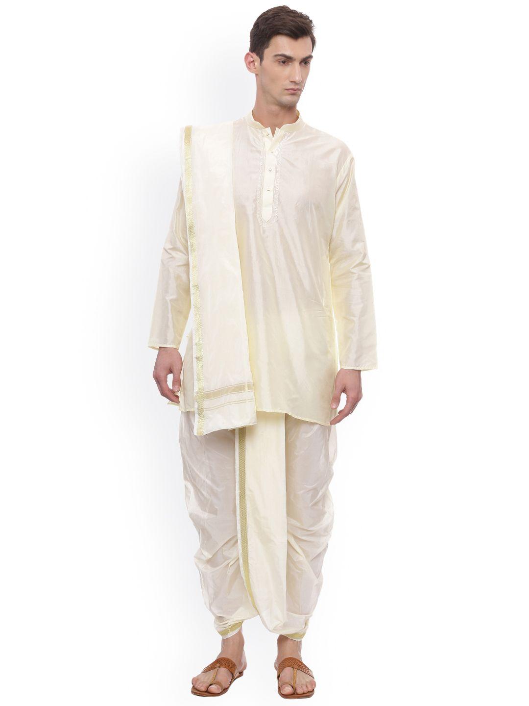 tattva men cream-coloured & solid kurta with dhoti pants & dupatta
