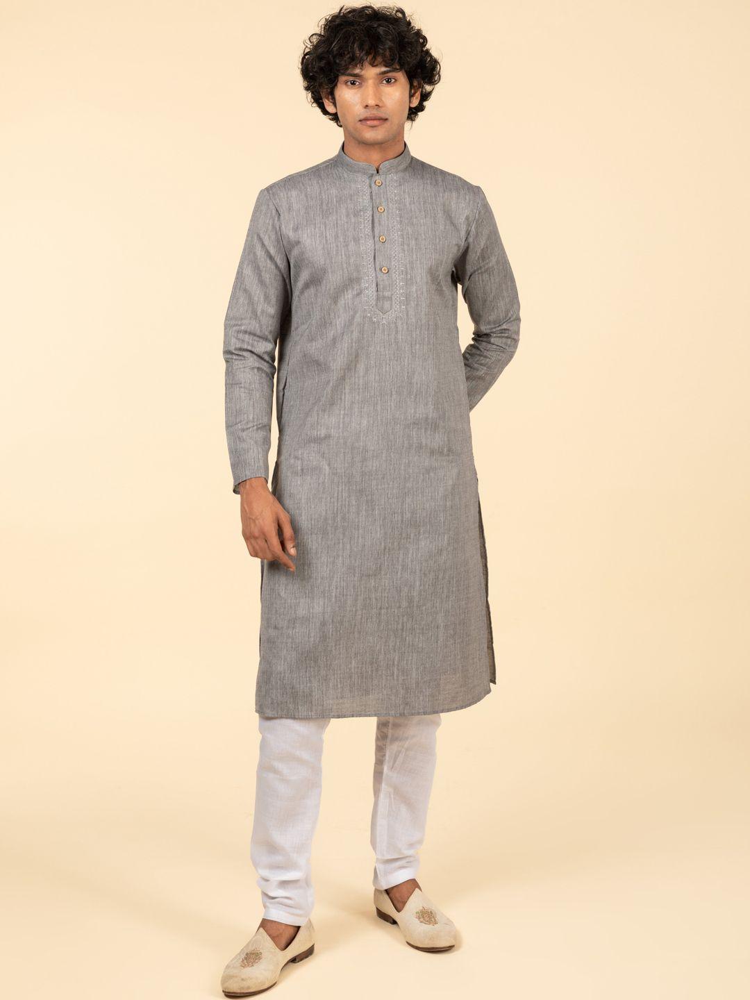 tattva men grey regular thread work pure cotton kurta with pyjamas